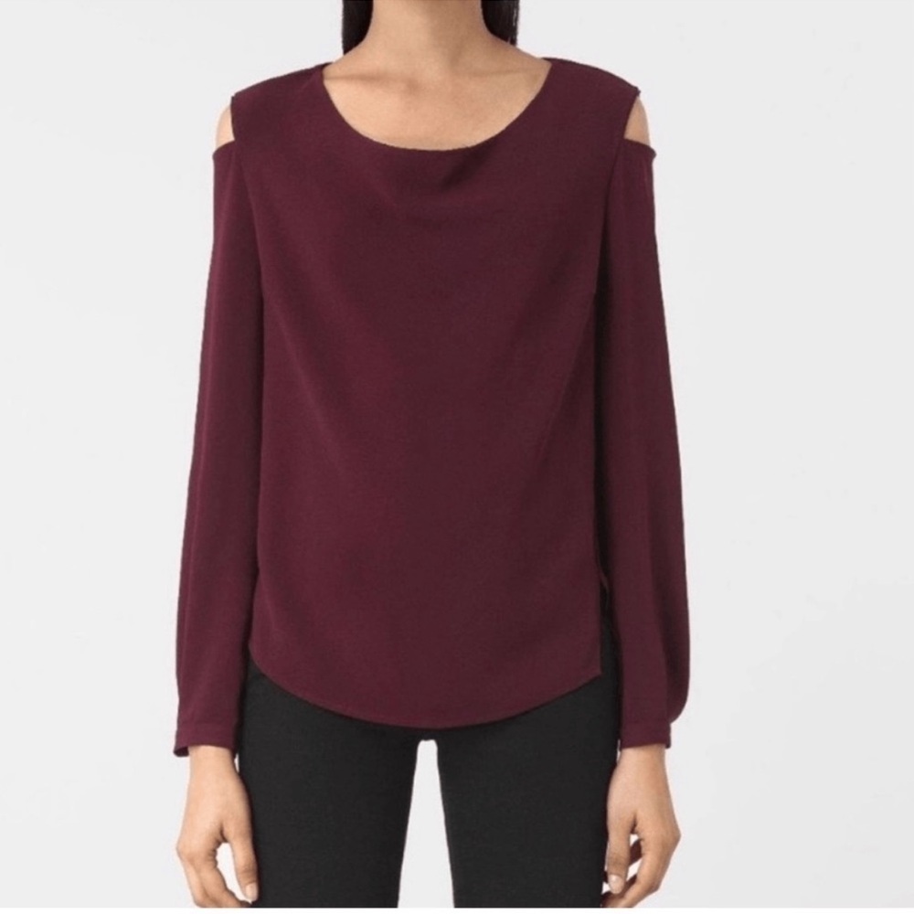 AllSaints Burgundy Cold Shoulder Long Sleeve Blouse Size 6